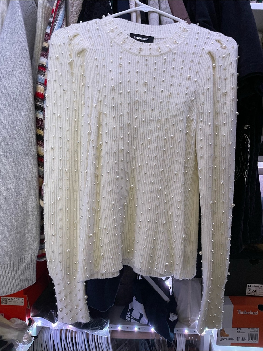 Express Cream Pearl-Studded Ribbed Crewneck Sweater